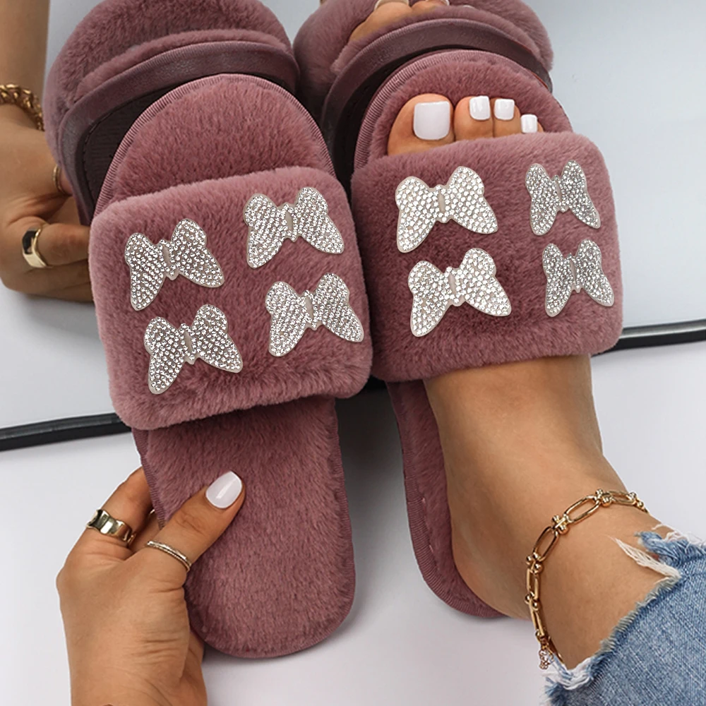 Women House Slippers Rhinestone Butterfly Decor Fluffy Flip Flops Slippers Flat Open Toe Furry Slides Female Winter Warm Shoes