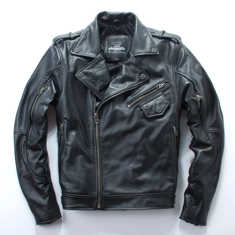 

Leather Mens jacket Cowhide Motorcycle clothing lapel Oblique zipper Letter Embroidery Autumn Winter coat