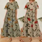 Женское повседневное свободное льняное Хлопковое платье, с цветочным принтом в стиле бохо, с коротким рукавом, с высокой талией, Пляжное платье, винтажное женское плиссированное платье