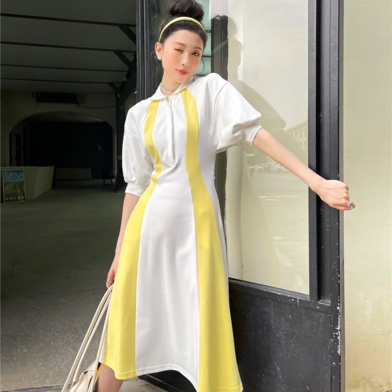 

Kimotimo Color Contrast Long Dress Women Summer Puff Sleeve Turn-down Collar Waist A Line Dress 2021 Korean Temperament Clothes