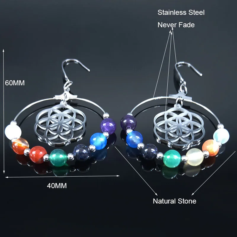 

Yoga Colored Beads Flower of Life Natural Stone Stainless Steel Earrings Women Round Earring Jewelry pendiente E613005
