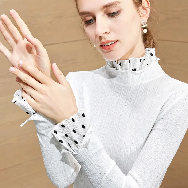 

Polka dot ruffled half-high collar bottoming shirt for women in autumn and winter