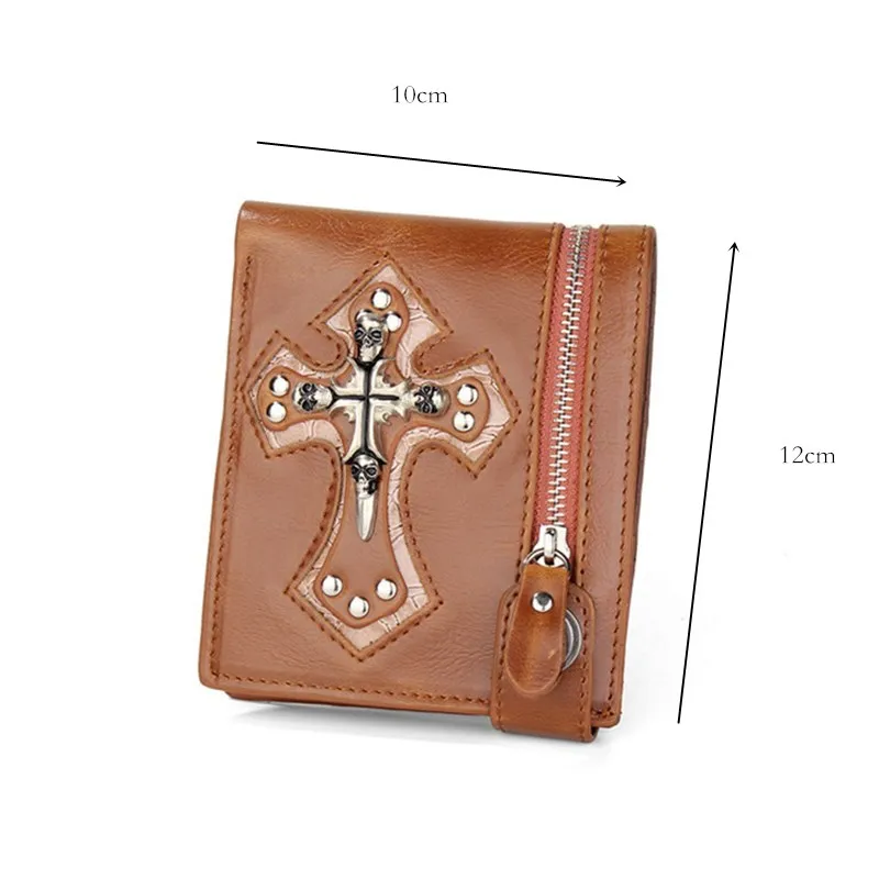 Brown Men Vintage Short Purse Boys Goth Skull Head Cross Black Genuine Leather Biker Punk Snap Zipper Wallet with Long Key Chain |