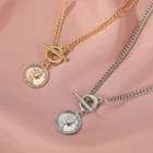 Изысканные круглые ожерелья для женщин, модная металлическая подвеска в виде монеты из циркония, цепочка до ключиц, Винтажные Ювелирные изделия 2021 в стиле хип-хоп