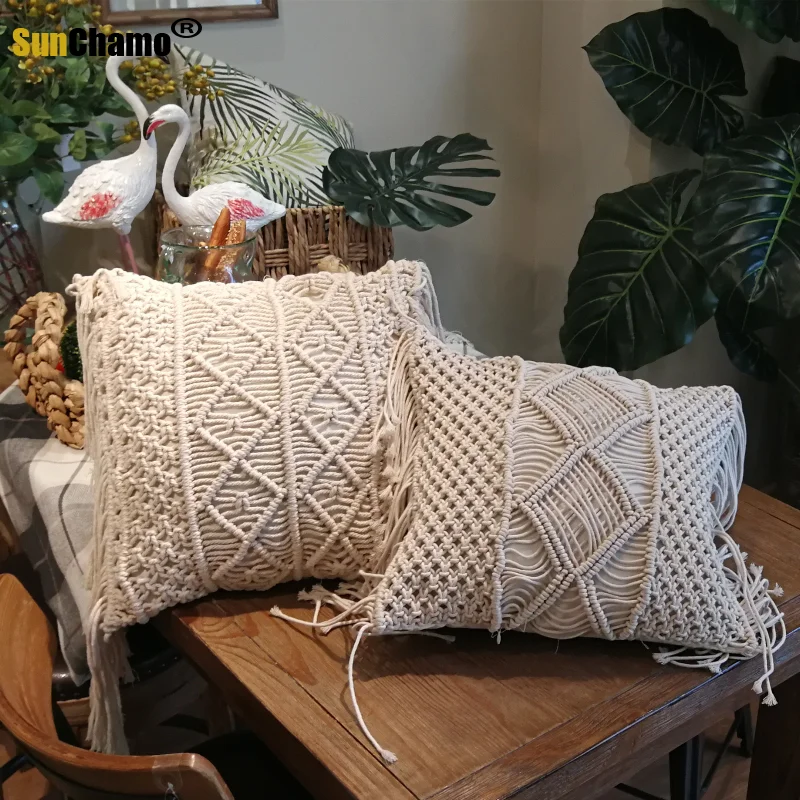 

Hand-woven Cotton Thread Cushion Cover with Tassels Beige Macrame Geometry Bohemia Ethnic Pillow Cover 45x45cm Home Decoration