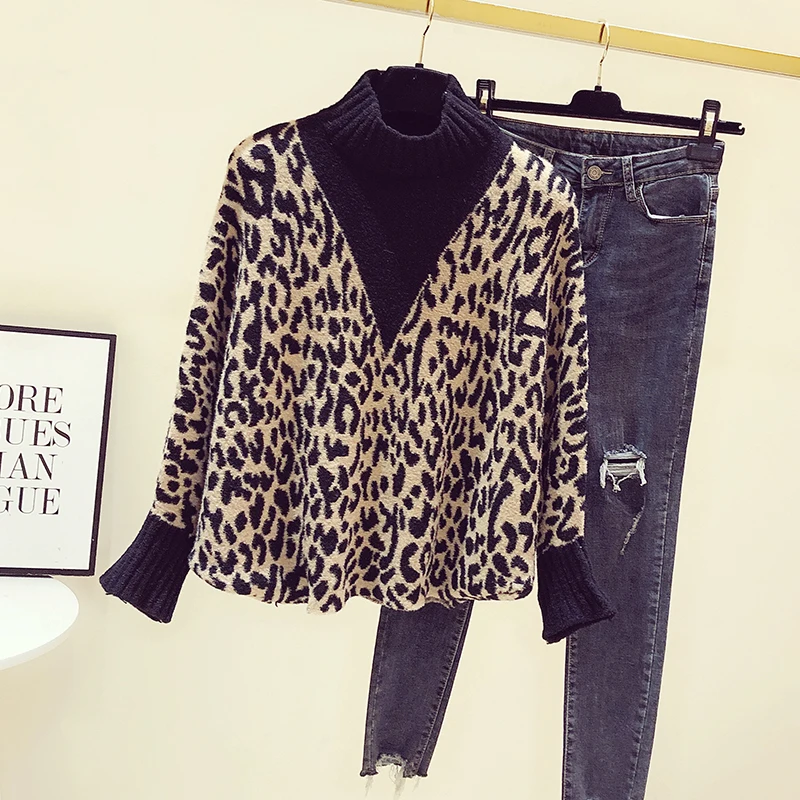

2020 Winter Knitted Pullover Fashion Lady Batwing Sleeve Turtlemeck Warm Leopard Tops Loose Cashmere Sweater Women
