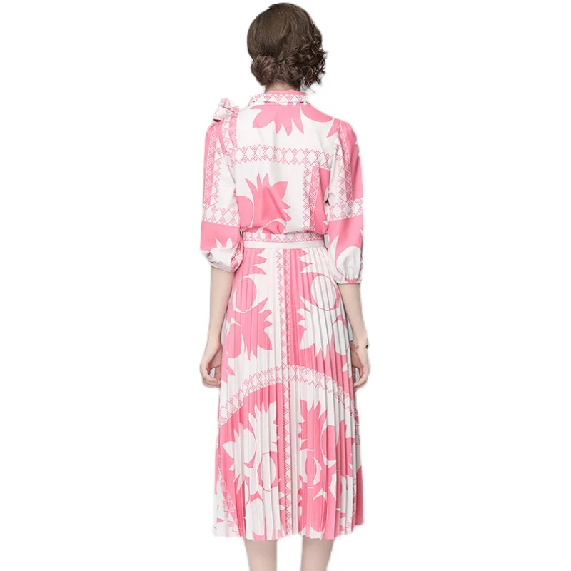 

2021 New Retro printed shirt women's pleated skirt fashion two piece set dresses women