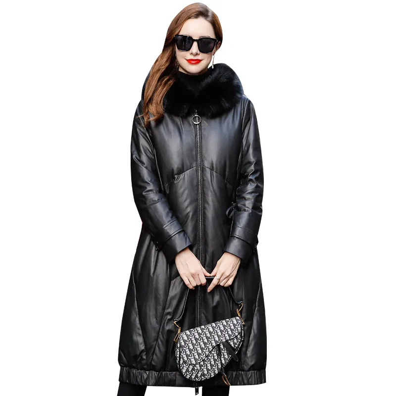 Женское длинное пальто из натуральной овечьей кожи с капюшоном|Кожаные куртки| |