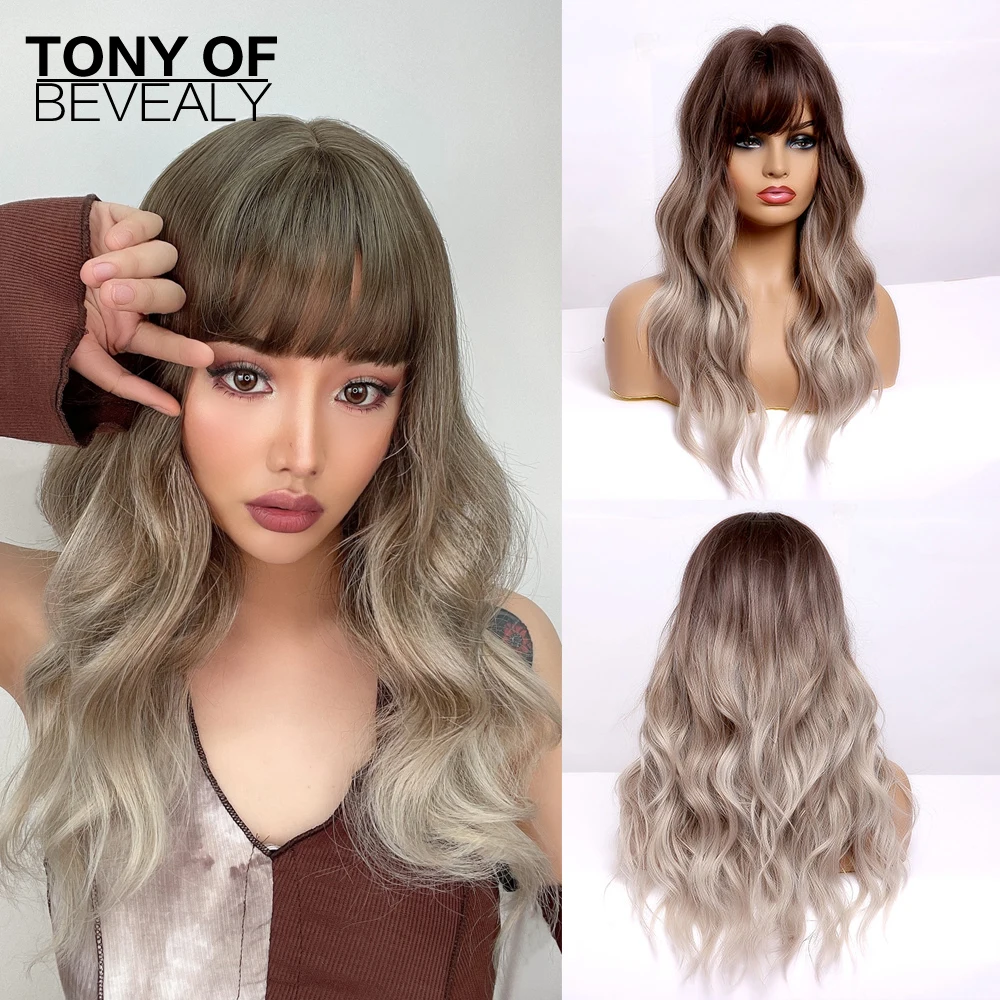 

Парики с длинными волнистыми волосами с эффектом омбре от коричневого до серого, термостойкие синтетические парики для женщин афро, натура...