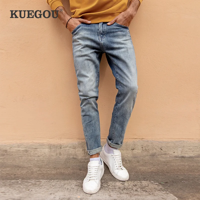 

KUEGOU Cotton Autumn Spring Clothing Man Jeans Scratched Wear Slim Fashion Trousers Stretchy Vintage Denim Men pants LK-1839
