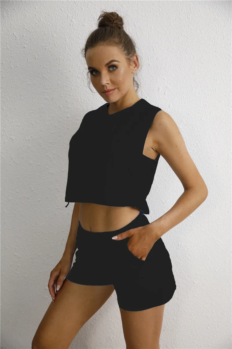 

FNOCE Cross-border Foreign Trade Women's spring And Summer New Style Hooded Sleeveless Vest Pocket Shorts Casual 2-piece Set