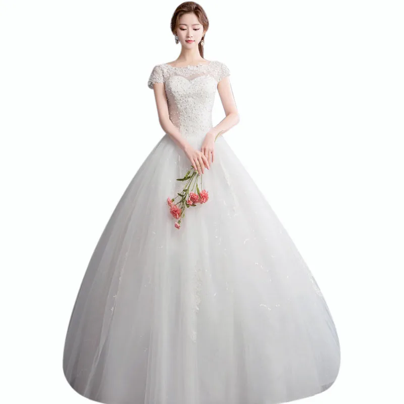 

Wedding Gowns It's Yiiya AR671 Boat Neck Wedding Dress Plus Size Appliques Lace Vestidos De Novia Short Sleeve Wedding Dresses