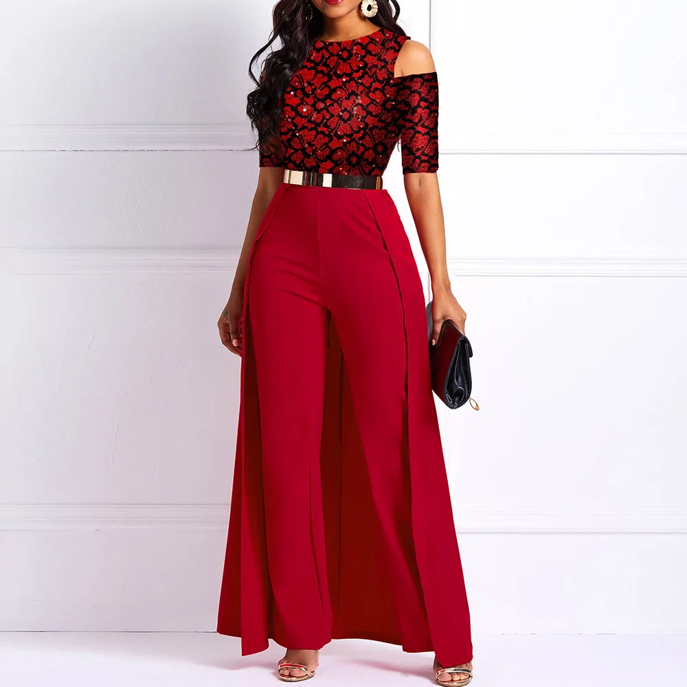 

Women Sexy Jumpsuit Office Lady Red Off Shoulder Long Sleeves Party Evening Elegant Print Wide Legs Swallowtail Long 2021 Summer