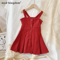 mudkingdom summer girl sleeveless dress solid ruched a line suspender backless dresses for girls fashion button kids clothes
