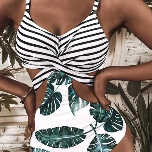 

Miyouj Halter Bathing Suit Beachwear Leaf Plant Print Swimsuit 2021 Swimwear Women Hollow Out Bodysuit Sexy One Piece Suits