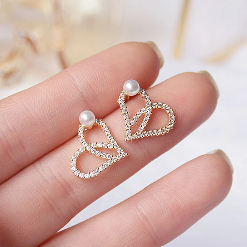 

Trendy Elegant 14K Real Gold Plated Lovely Heart Pearl Earrings for Women Top Shiny Zircon S925 Silver Needle Stud Jewelry Gift