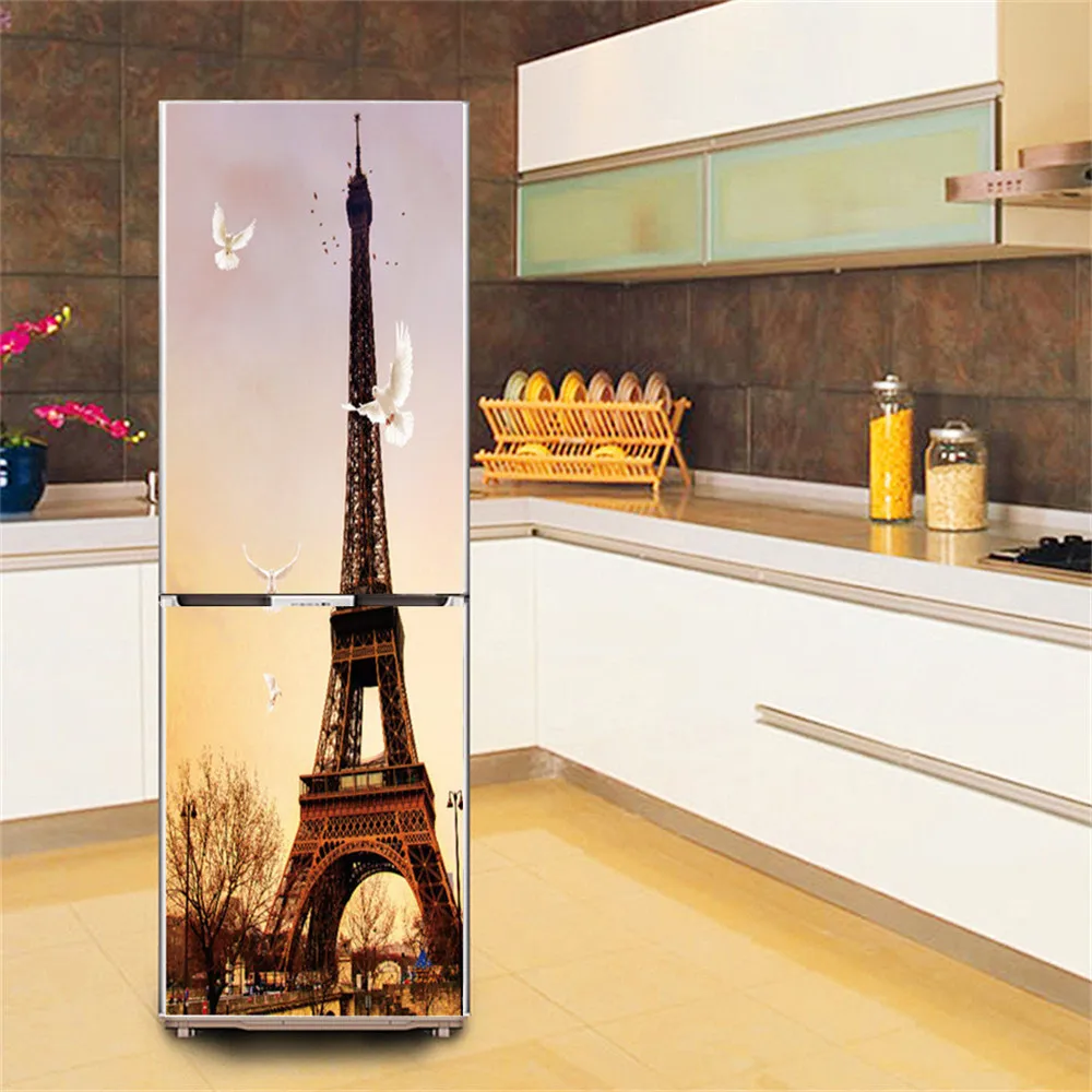 

3D наклейка на холодильник с изображением Парижской башни, виниловая самоклеящаяся наклейка на дверь, искусство, наклейки, пленка, полная ро...
