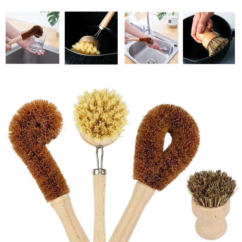 

Plant Based Cleaning Brush Set 4 Piece, Beech Wood and Coconut Bristle Wooden Pan and Pot Cleaning Brush - Bottle Brush