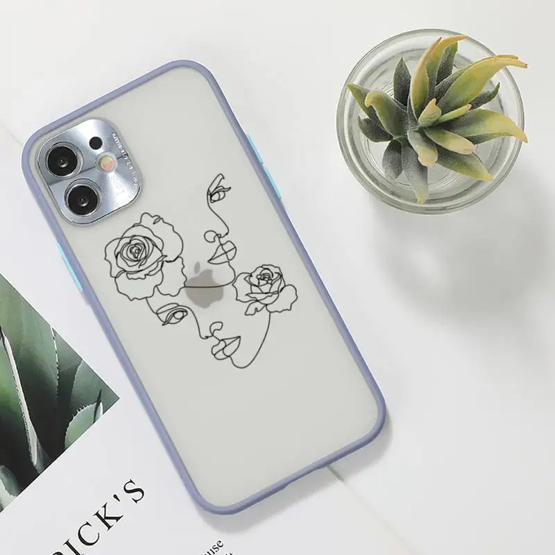 

Art line Retro Abstract Geometry leaves Phone Case For iPhone 12 11 Mini Pro XR XS Max 7 8 Plus X Matte transparent