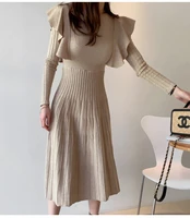 2022fall winter vintage elegant o neck female thicken knit long dresses slim full sleeve ruffles knitted sweater thin base dress