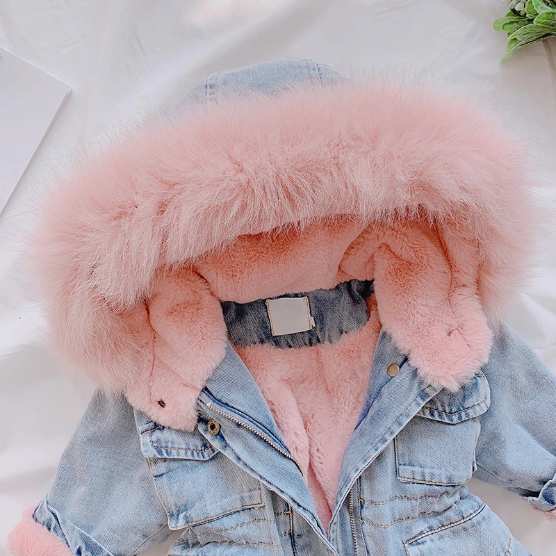 

Baby Girls Winter Denim Jacket Thicken Warm Plus Velvet Windbreaker Outerwear Coat Hooded Children Clothing Kids Parka 1-6 Year