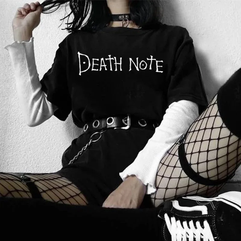 

Gothic Death Note Black Oversized T Shirt Aesthetic 90s Letter Printed Tee Short Sleeve Cotton Grunge Tops Wome