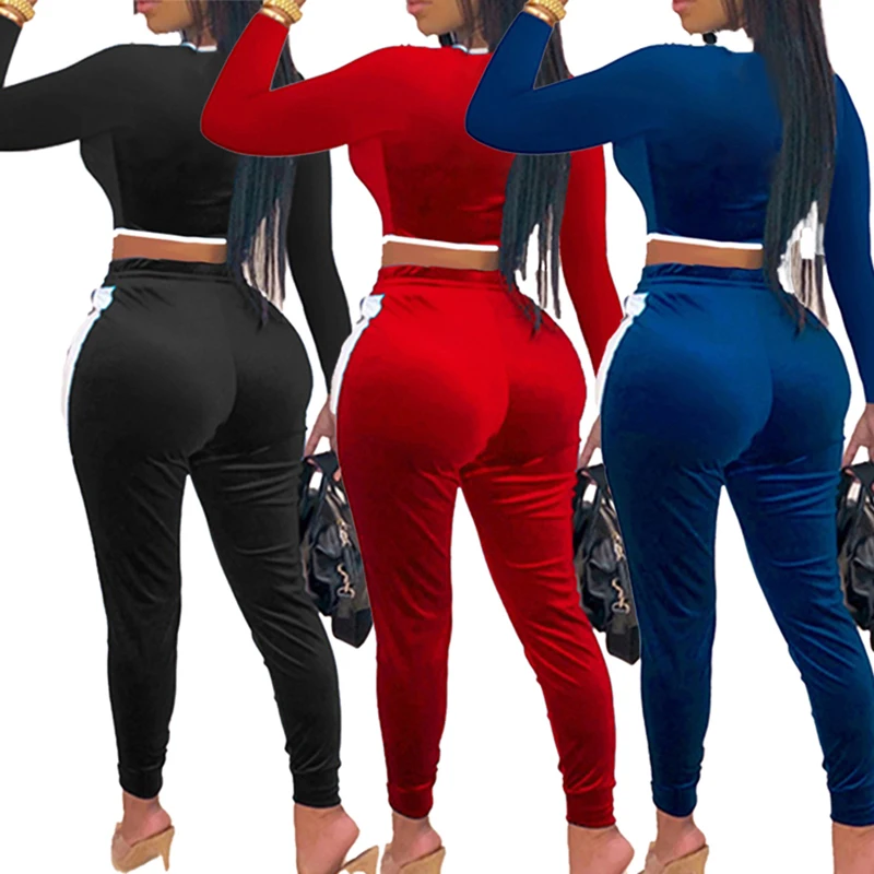 

Sexy Women Sets Velvet Long Sleeve Low Cut V-neck T-shirt Crop Tops High Waist Pants Trouser Autumn Oversize XXL