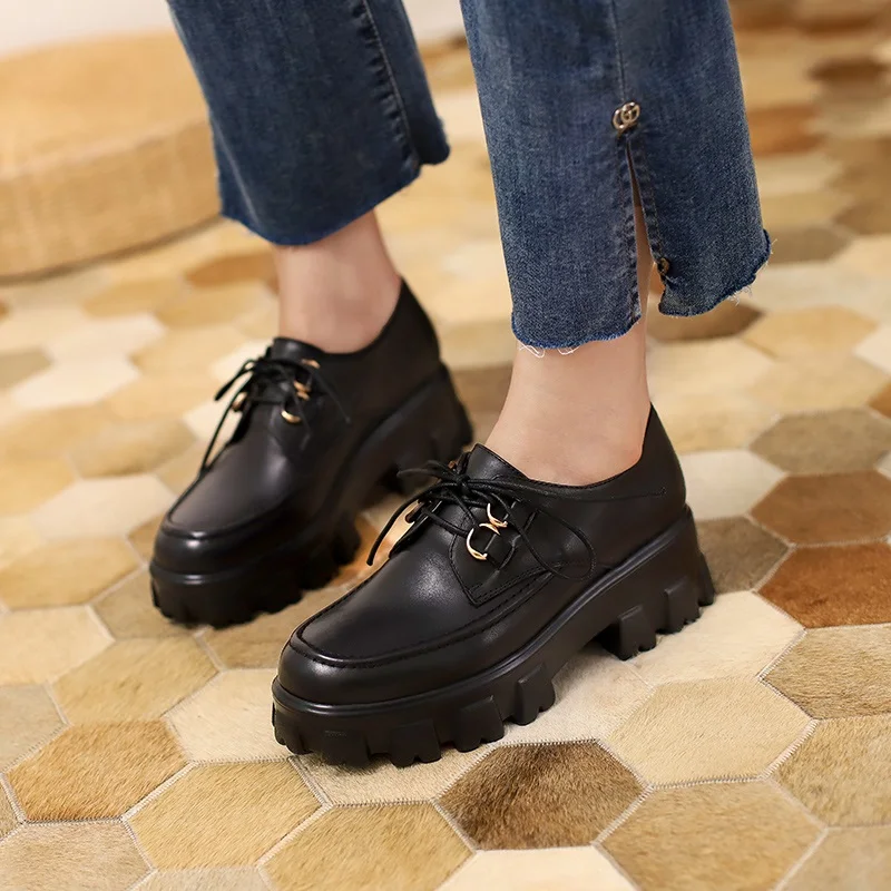 

brand design platform casual oxford shoes women lace up cross-tied high heel creepers women pumps british style heel shoes woman