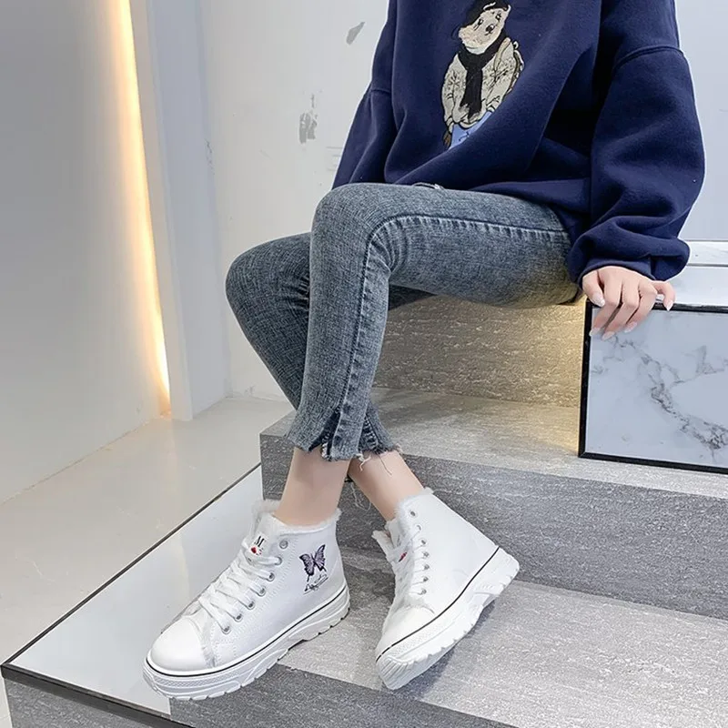 

Cashmere High Top Canvas Shoes for Female Students Korean All-match 2021 Winter New Non-slip White Shoes Sneakers Cotton Shoes