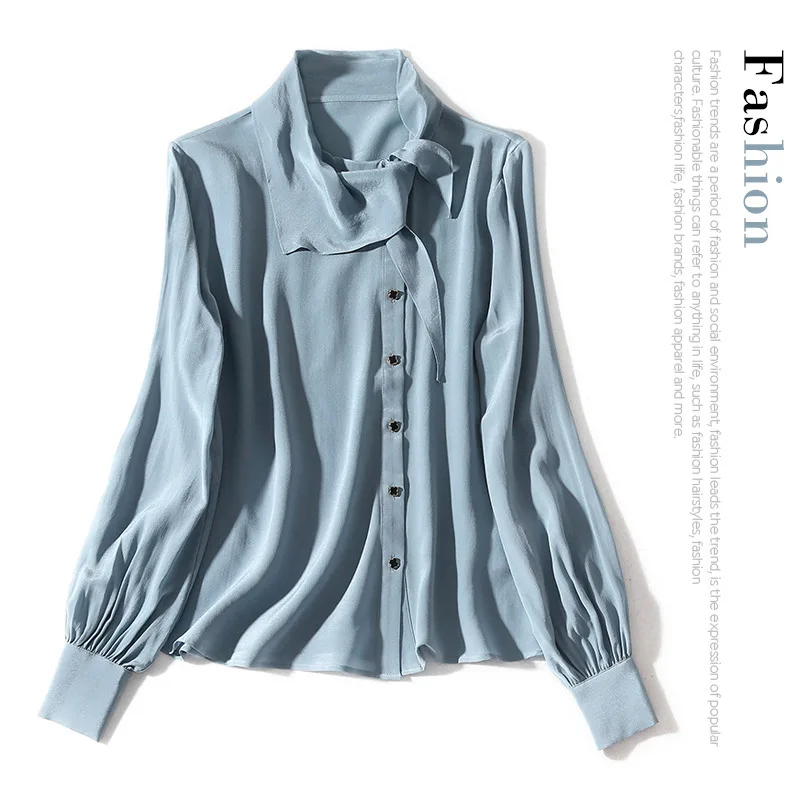 

tie New shirt neckline Solid Color Lantern Sleeve single breasted all over silk shirt top female