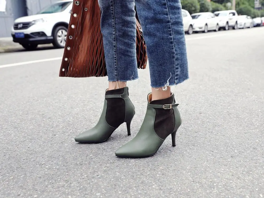 

XJRHXJR New Women Ankle Boots Pointed Toe Buckle High Heel Boots Sexy Ladies Winter Boots Black Red Plus Size 32-46 Botas Mujer
