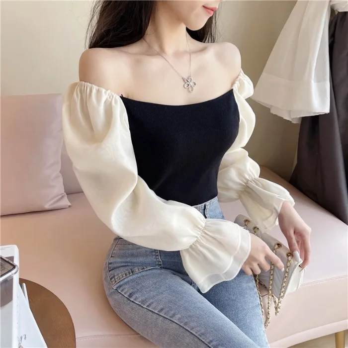 

Square Collar Clavicle Exposed Sexy Blouse Women Lace Patchwork Puff Long Sleeve Blusas Slim Fit Spring 2020 New Shirt