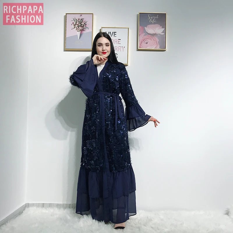 Кимоно с пайетками открытые абаи Дубай кафтан ислам мусульманский хиджаб платье