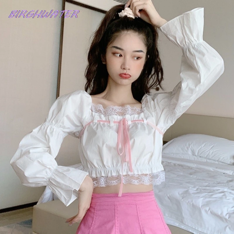 

Women Lace Tops Summer Cute Shirt for Sweet Girl Korean Square Collar Long Sleeve Loose Short Blouses with Ribbons