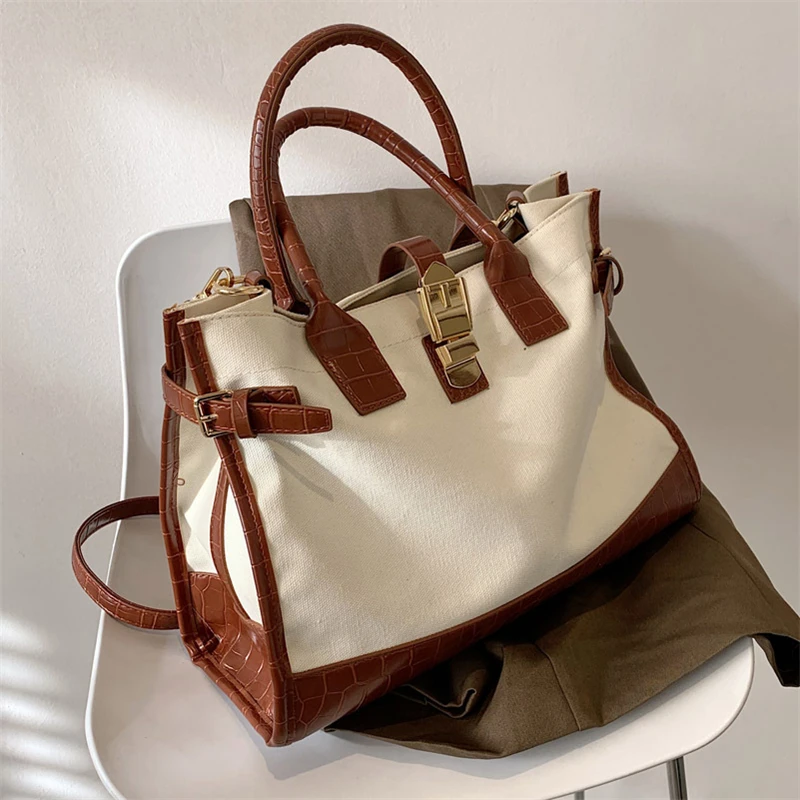 

Fashion Patchwork Canvas+PU Tote Bags For Women Simple Large Capacity Work Designer Handbags Shopper Travel Female Shoulder Bags