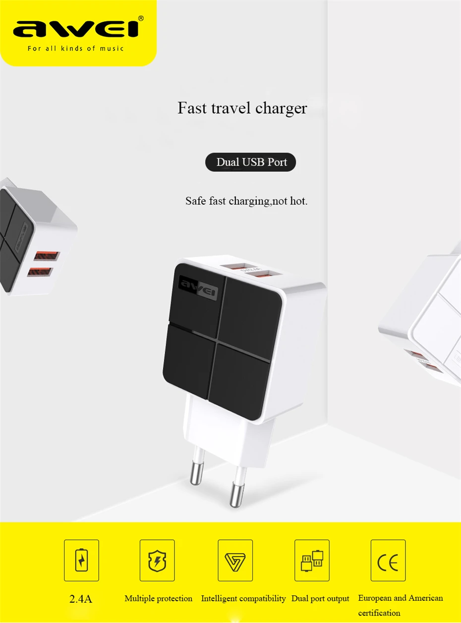 AWEI Dual USB зарядное устройство для телефона, быстрая зарядка, 5 В/2,4 А, ЕС, быстрое настенное зарядное устройство, адаптер, ЕС, мини разъем для iPhone 11, samsung, Xiaomi