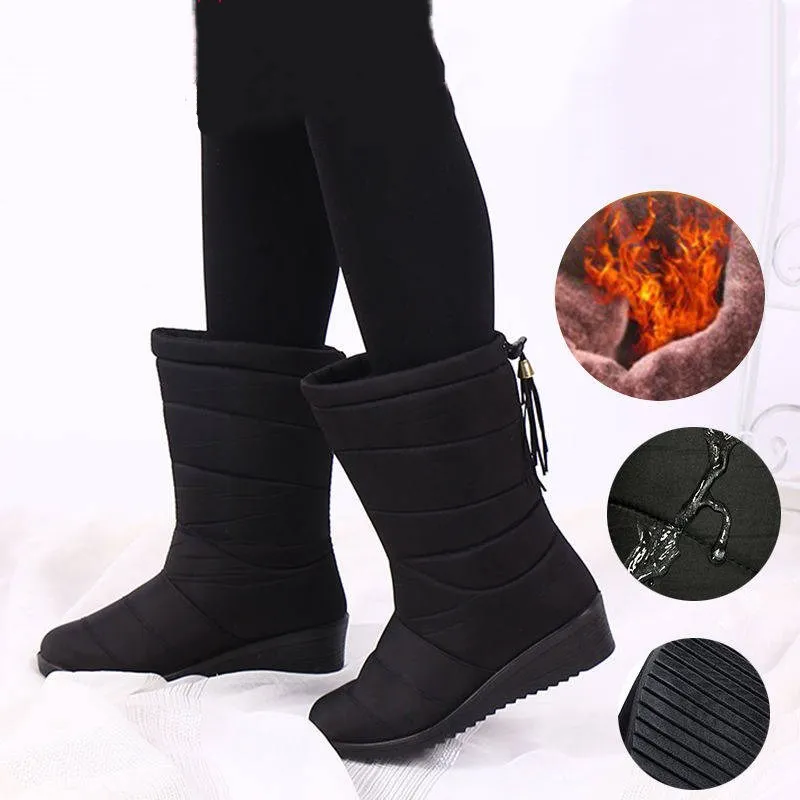 

Women Winter Boots 2020 Mid-Calf Snow Boots Wedges Warm Fur Female Boots Water-Proof Snow Boots Anckle Black Boots