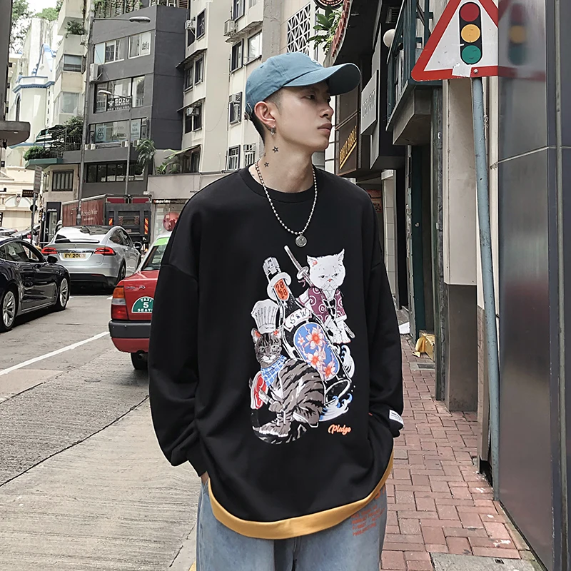 LAPPSTER мужские толстовки Harajuku негабаритных кошек осенние мужские японские уличные черные толстовки мужские забавные хлопковые толстовки с принтом - Цвет: Cat Black