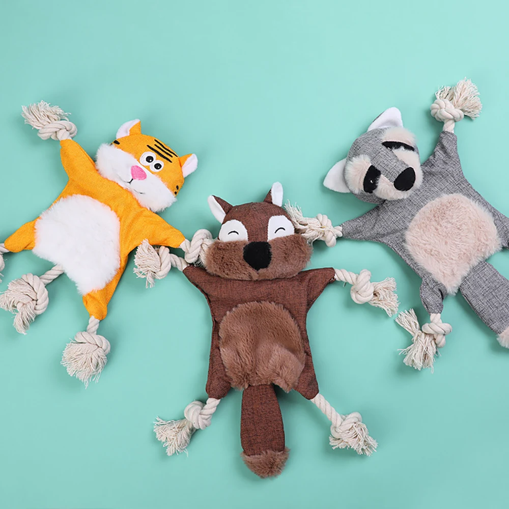 

Dog Toys Raccoon Squirrel Fox Monkey Rabbit Tiger Soft Toy For Pet Cat Cartoon Handmade Animal Rope Knotted Squeak Dog Supplies