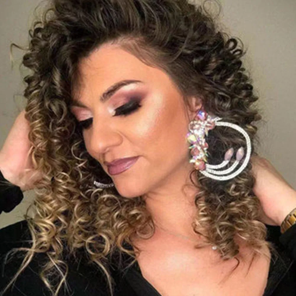 

Exaggerated Rhinestone Flower Big Round Hoop Earrings Dinner Party Jewelry for Women Luxury Crystal Circle Earrings Accessories