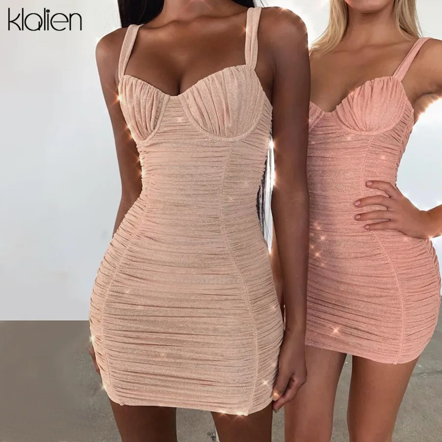 KLALIEN-сексуальное мини-платье 2 цветов с открытыми плечами блестящее облегающее