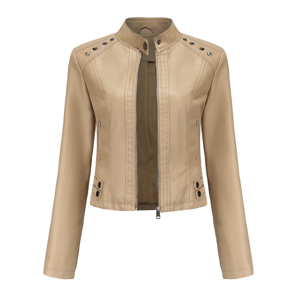 2021 women's new rivet leather clothes women's short spring and autumn jacket long sleeve women's thin stand collar fashion coat