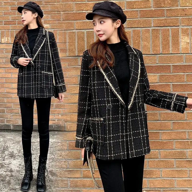 

Suit jacket ladies autumn and winter small fragrance ladies temperament plaid small suit senior fan office lady