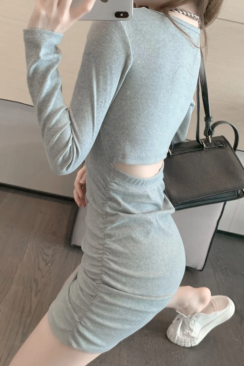 

COIGARSAM Sexy Women Mini dress Pleated Dresses Black Gray 0402