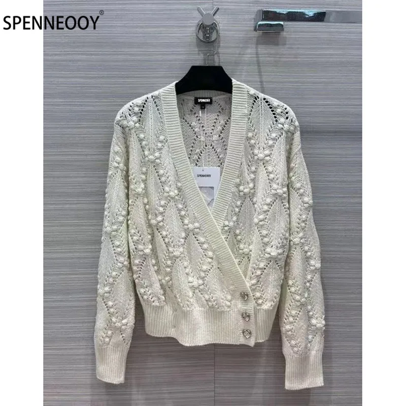 

SPENNEOOY Designer Brand Autumn Knitting Cardigan Women Long Sleeve V-Neck Hollow Out Argyle Sweater Jackets