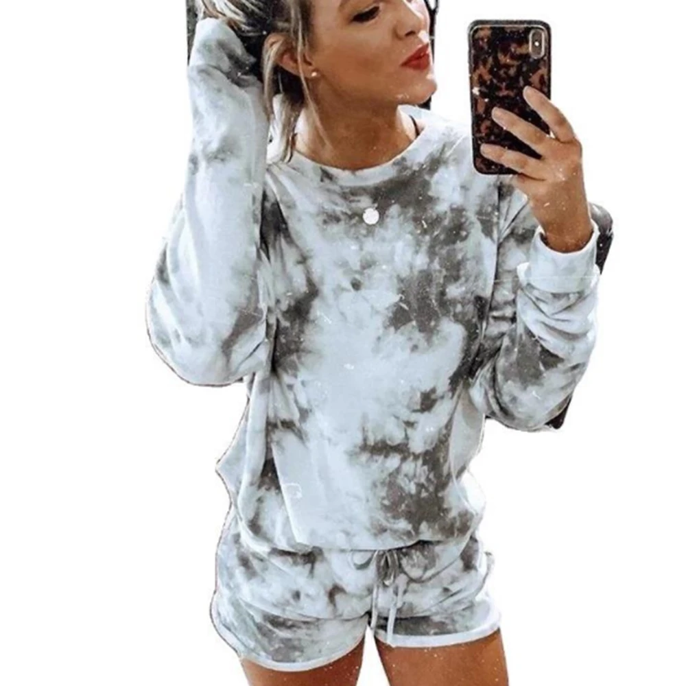 

Tie Dye Pajamas For Women 2020 Long Sleeve Shorts Sleepwear Pajama Set 2 Pcs Set With Plus Size Casual Outfits Lounge Wear
