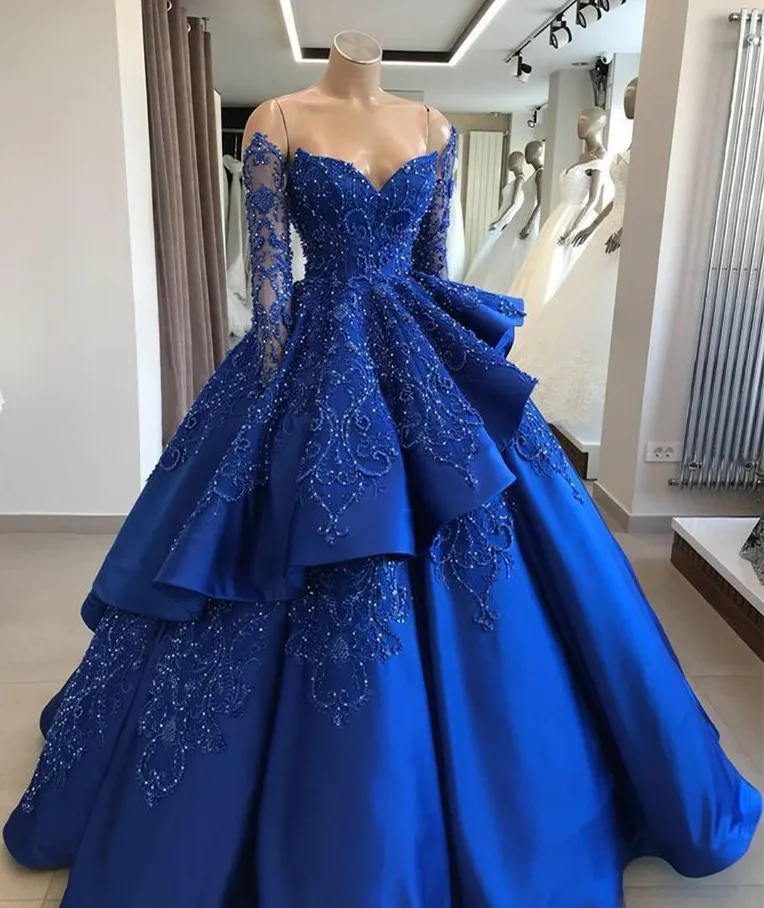 

Gorgeous Evening Dress with Lace Appliques Beads Long Sleeves Women Floor Length Ball Gown robe de soiree