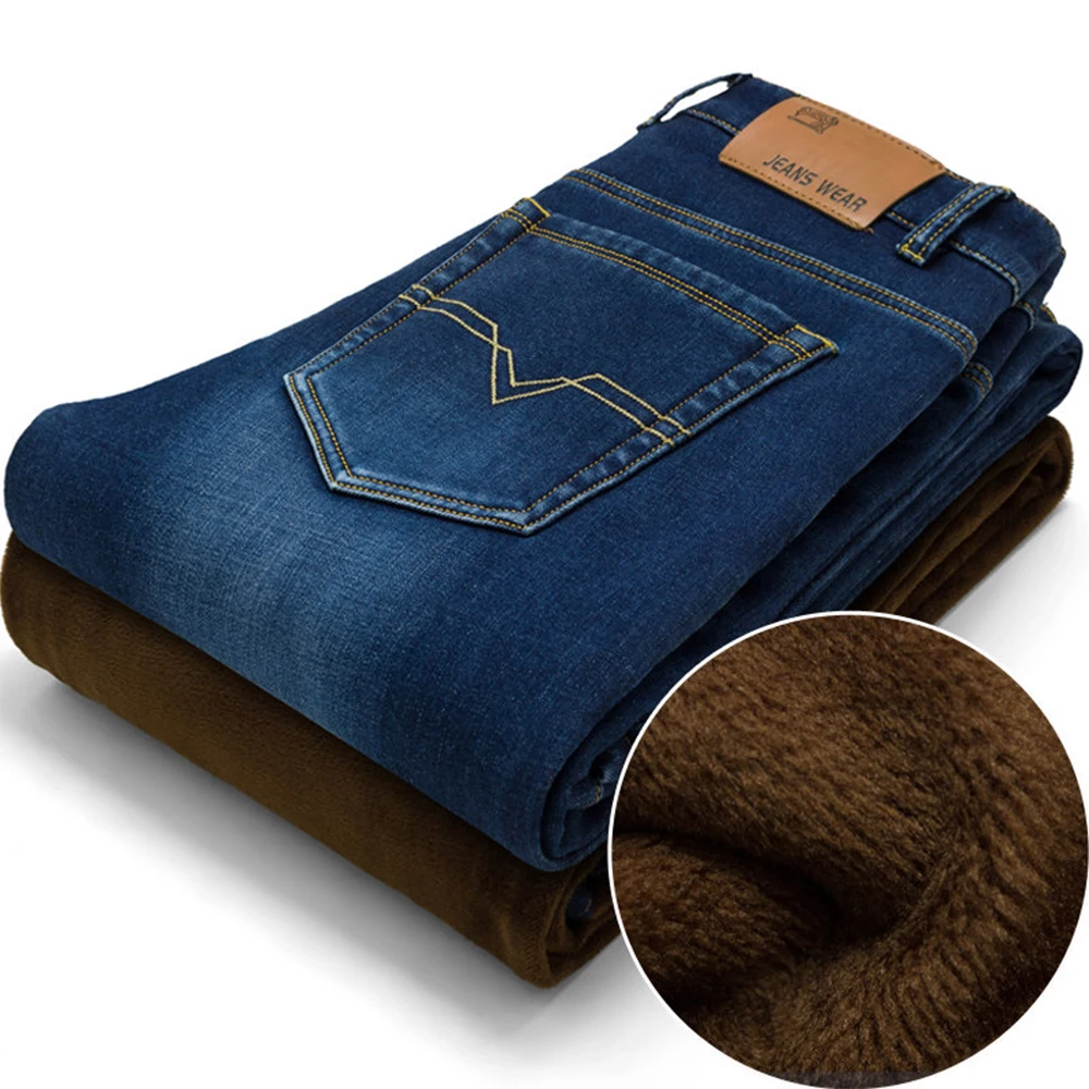 Лидер продаж зимние теплые мужские облегающие прямые джинсы повседневные
