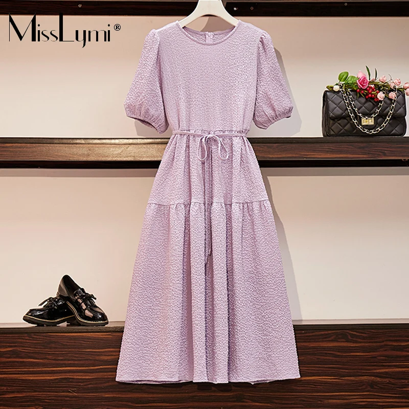 

MissLymi L-4XLPlus Size Women Purple Cupcake Dress Summer 2021 Fashion O-neck Puff Short Sleeve High Waist Lace-Up Midi Dresses