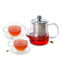 3in1 tea set 370ml heat resistant glass teapot infuser lid2x cup saucer